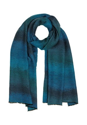 Knit scarf featuring gradient shades of teal and dark blue, with a textured ribbed design and fringed edges. Soft, lightweight fabric.
