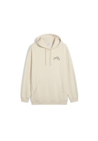 Felpa beige realizzata in tessuto morbido, dotata di tasca a marsupio, cappuccio con coulisse e una piccola grafica sul lato sinistro del petto.