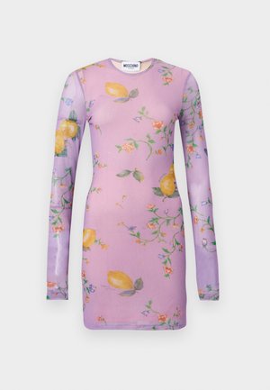 Lila nauwsluitende jurk met lange mouwen, citroen- en bloemenprint, ronde halslijn en Moschino-label aan de binnenkant van de kraag.