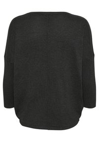 Tummanharmaa neulepaita, jossa on väljä malli, ¾-hihat, pyöristetty helma ja teksturoitu neulos. Saumadetaali kulkee pystysuoraan selän keskeltä.