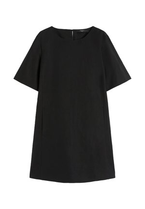 Abito nero a maniche corte a linea ad A con scollo rotondo e chiusura con zip sul retro, realizzato in tessuto liscio e tinta unita.