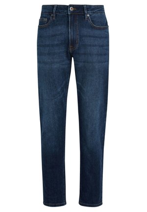 Jeans en denim bleu foncé à jambe droite avec une fermeture à bouton et à zip, cinq poches et des détails de couture contrastés. Tissu doux et durable.