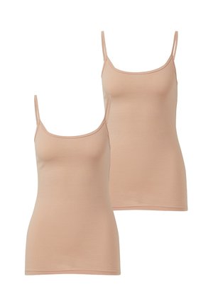 Two beige women’s cotton camisoles with thin shoulder straps, displayed on a white background.