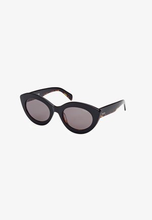 Black cat-eye sunglasses with dark lenses, glossy finish, and tortoiseshell accents on the arms. Textured frame edges enhance design.