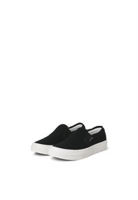 Fekete slip-on sportcipők, amelyek puha anyagból készültek, sima textúrával, fehér gumis talppal és minimális márkajelzéssel.