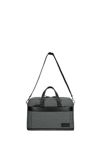 Borsa in tessuto grigio con dettagli in pelle nera, dotata di doppi manici e una tracolla regolabile. Chiusura con zip e tasca frontale.