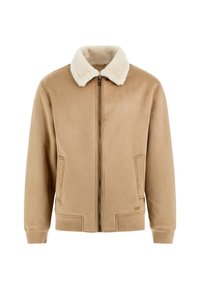 Beige Bomberjacke mit einem Kragen aus Kunstfell, Reißverschluss, seitlichen Taschen, gerippten Bündchen und Saum, glatter Textur und minimalistischem Design.