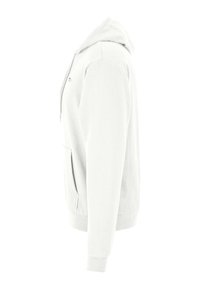 Felpa grigia chiara realizzata in tessuto morbido, dotata di una tasca frontale, cappuccio con lacci e polsini a coste. Nessun motivo o grafica visibile.