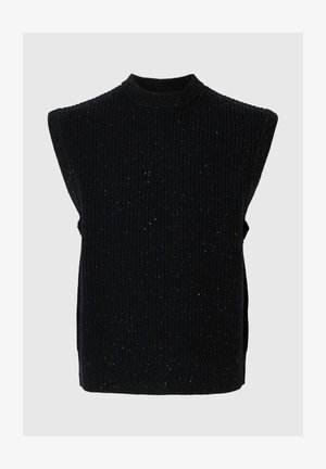 Svart ärmlös tröja med hög krage, med ribbat mönster och subtila flerfärgade inslag i tyget. Sidofåror finns.