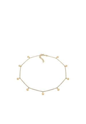 Bracelet de cheville en chaîne d'or délicat avec huit petites breloques rondes, réparties uniformément, avec une fermeture à boucle réglable.