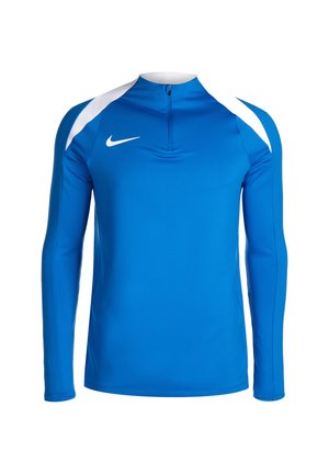 Blauw sportshirt met lange mouwen en een halve ritssluiting, witte schouderaccenten en een smooth, rekbare textuur. Nike-logo op de borst.