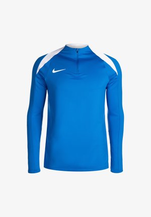 Blaues langärmliges Sportshirt mit einem Reißverschlusskragen, weißen Schulterakzenten und einer glatten, dehnbaren Textur. Nike-Logo auf der Brust.