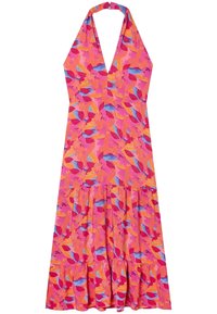Robe dos nu de couleur rose vif avec un motif floral en orange, bleu et violet. Elle présente un ourlet à volants à plusieurs niveaux et un décolleté plongeant.