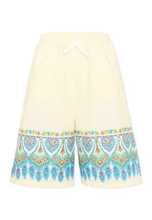 Pantalones cortos color crema con cintura elástica y bordado floral en azul, verde y rosa a lo largo del dobladillo.