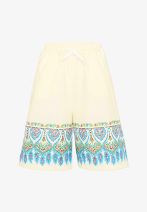 Pantalones cortos color crema con cintura elástica y bordado floral en azul, verde y rosa a lo largo del dobladillo.