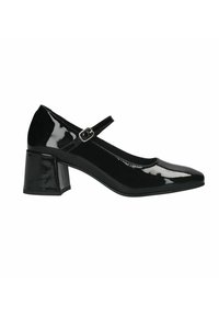 Zwarte lakleren Mary Jane schoenen met een vierkante neus, enkelbandje en een chunky hak. Gladde textuur met een glanzende afwerking.