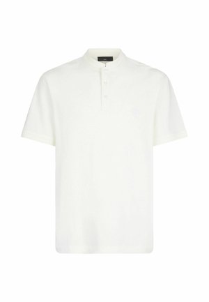 Weißes kurzärmeliges Poloshirt mit Stehkragen und dreiknöpfiger Knopfleiste vor schlichtem Hintergrund.