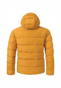 Gelbe isolierte Jacke mit Kapuze, die ein gestepptes Design und sichtbare Nähte aufweist. Der Stoff hat eine glatte Textur.