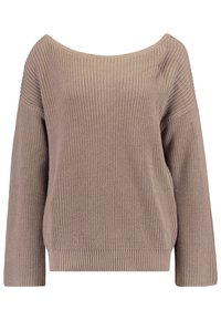 Beige pletený svetr s designem mimo ramena, tříčtvrtečními rukávy, žebrovanými manžetami a volným střihem. Texturovaný povrch po celém výrobku.