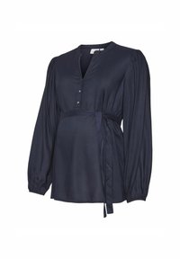 Blusa de maternidad azul marino con mangas largas abullonadas, escote en V, cierre de botones en la parte delantera y cinturón atado en la cintura. Tejido suave y ligero.