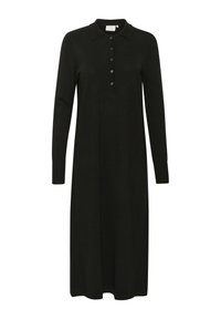 Long black dress made of knit fabric, featuring a collar and a button placket. The sleeves are long with fitted cuffs. Simple and seamless design.