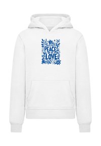 Biała bluza z kapturem z przednią kieszenią typu kangur i niebieską grafiką z napisem "PEACE" i "LOVE", otoczoną kwiatowymi wzorami. Miękki materiał.