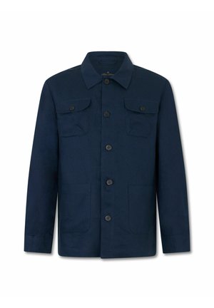 Giacca blu navy con bottoni, maniche lunghe, colletto, due tasche sul petto con bottone e due tasche anteriori inferiori.