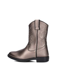 Metallic bronze cowboy boots with a textured finish, rounded toe, and pull tabs. Features decorative stitching along the side.