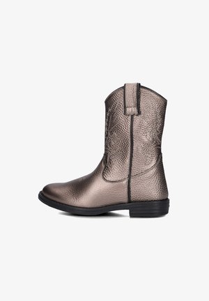 Metallic bronze cowboy boots with a textured finish, rounded toe, and pull tabs. Features decorative stitching along the side.