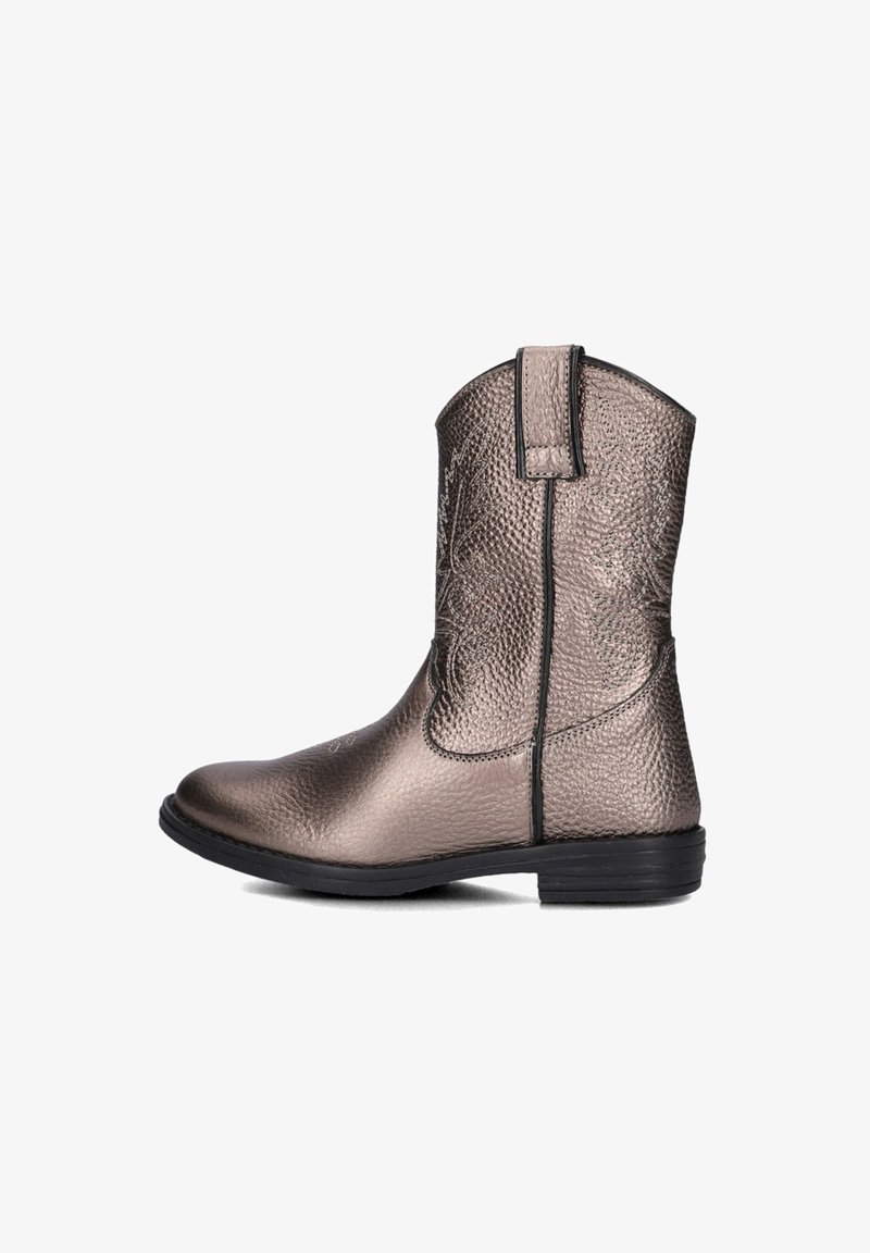 Metallic bronze cowboy boots with a textured finish, rounded toe, and pull tabs. Features decorative stitching along the side.