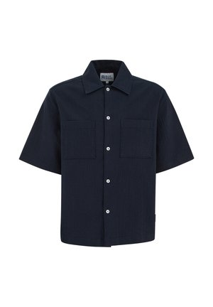 Korte mouw marineblauw overhemd met volledige knoopsluiting aan de voorkant, twee borstzakken en een puntige kraag, met label Blue Ridge, maat medium.