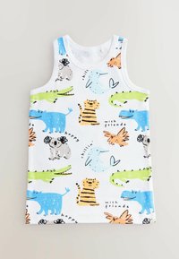 Hvid ærmeløs tanktop med farverige dyregrafikker i blå, grøn, orange og grå. Bemærkelsesværdig tekst: "med venner," "slapper af."