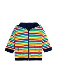 Sudadera con cremallera de rayas coloridas que presenta rayas horizontales en rojo, azul, verde, amarillo y una capucha y puños en azul marino. Con dos bolsillos frontales.