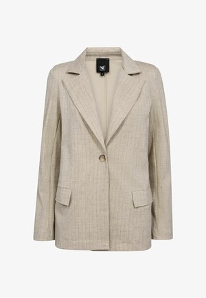 Blazer beige chiaro con righe verticali, chiusura con un solo bottone, ampi rever e due tasche frontali. Texture liscia. Taglia piccola.
