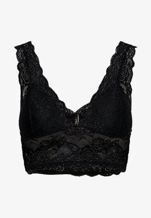 Black lace bralette with wide floral lace straps and a textured lower band. Features a v-neckline and seamless design for a comfortable fit.