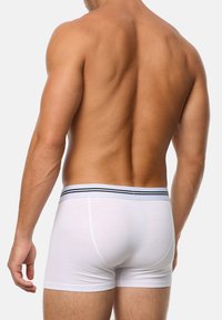 Witte boxershorts met een aansluitend ontwerp, een elastische tailleband met marineblauwe strepen en een gladde, lichte stof. Achteraanzicht.