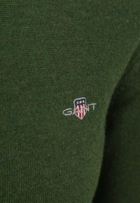 Donkergroene gebreide trui met een klein geborduurd logo in wit en rood aan de linkerkant, met een geribde halslijn en een gestructureerde stof.