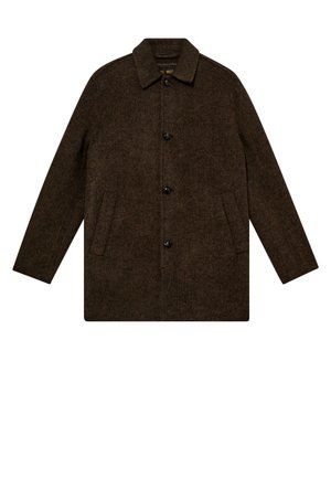 Donkerbruine wollen jas met een kraag, vier knopen aan de voorkant en twee schuin geplaatste zijzakken.