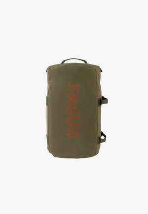 Grüner Stoffrucksack mit zylindrischer Form, der ein oranges Logo "FAGUO" auf der Vorderseite und seitliche Kompressionsriemen aufweist.