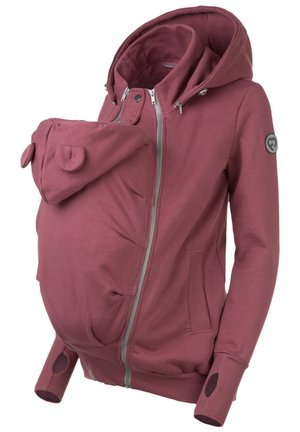 Bordeauxroter Baumwolljersey-Reißverschluss-Hoodie mit abnehmbarem Fronttaschen für das Tragen von Babys, ausgestattet mit einer Kapuze und Daumenöffnungen in den Bündchen.