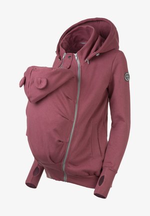 Bordeauxroter Baumwolljersey-Reißverschluss-Hoodie mit abnehmbarem Fronttaschen für das Tragen von Babys, ausgestattet mit einer Kapuze und Daumenöffnungen in den Bündchen.