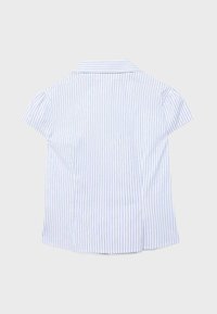 White short-sleeve shirt with blue vertical stripes, a collar, and visible seam lines, shown from the back on a plain background.