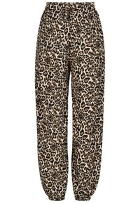 Leopardenmuster-Jogginghosen mit elastischem Bund, schmal zulaufenden Bündchen und einem leichten Stoff, in einer beige-schwarzen Farbgebung.