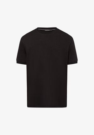 Schwarzes Baumwoll-T-Shirt mit Rundhalsausschnitt, kurzen Ärmeln und geradem Saum. Der Stoff ist glatt und weist keine sichtbaren Muster oder Verzierungen auf.