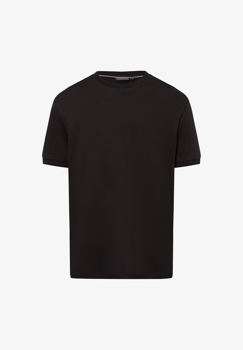 Schwarzes Baumwoll-T-Shirt mit Rundhalsausschnitt, kurzen Ärmeln und geradem Saum. Der Stoff ist glatt und weist keine sichtbaren Muster oder Verzierungen auf.