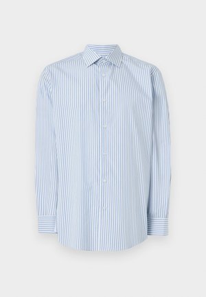 Camicia a maniche lunghe a righe blu e bianche in cotone, dotata di colletto classico, chiusura con bottoni e maniche con polsini.