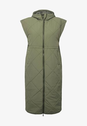 Manteau sans manches rembourré vert olive avec une capuche, doté d'une fermeture éclair à l'avant, de poches latérales et d'un motif en losanges.