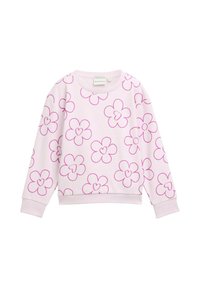Ljusrosa sweatshirt med blommönster i lila, rund hals, och långa ärmar med ribbade muddar och fåll.