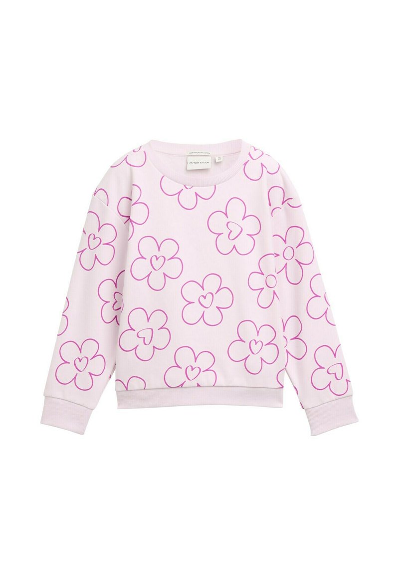 Ljusrosa sweatshirt med blommönster i lila, rund hals, och långa ärmar med ribbade muddar och fåll.