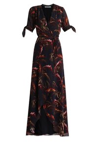 Černé zavinovací šaty s květinovým vzorem v odstínech červené a zelené. Lehká látka, krátké rukávy a detail s uvázáním v pasu.
